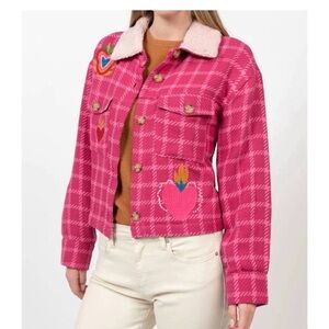 Ivy Jane Pink Checkered Teddy Jacket with Heart Details S/M